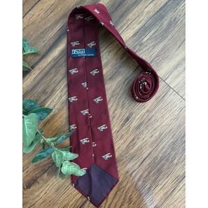 RARE Vintage Polo Ralph Lauren Airplane Plane Textured Silk USA Tie Red READ
